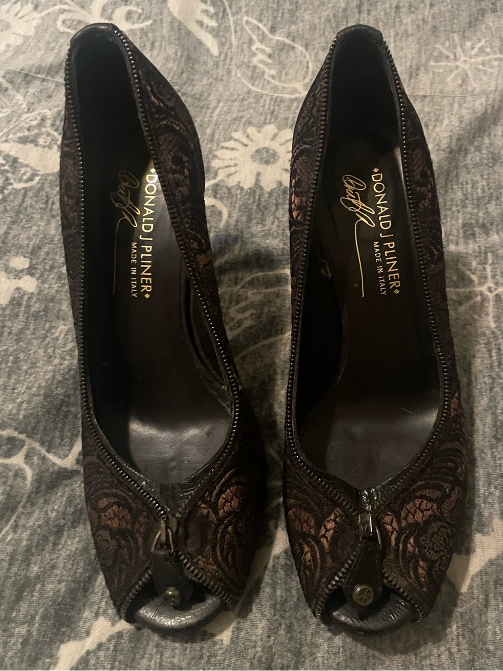 Donald J. Pliner Black and Brown Lace Peep-Toe Pumps